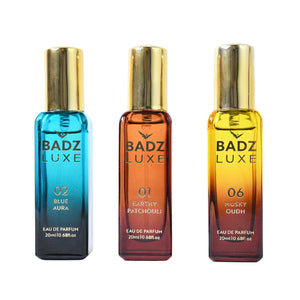 Badz Luxe perfume set featuring three distinct fragrances: Blue Aura, Earthy Patchouli, and Musky Oudh