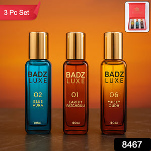 Badz Luxe perfume set featuring three 20ml bottles: Blue Aura, Earthy Patchouli, and Musky Oudh