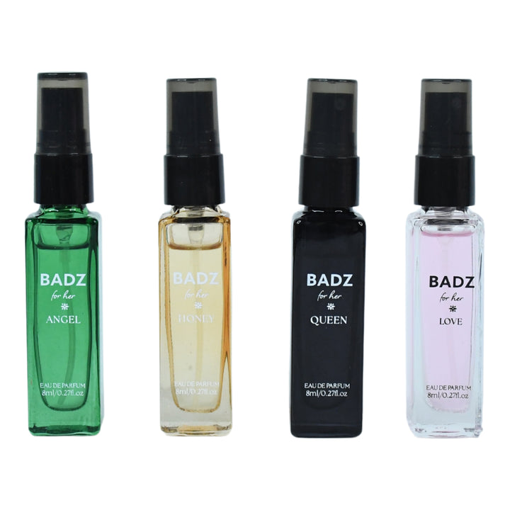 Mini perfume spray set featuring four scents: Angel, Honey, Queen, and Love in stylish bottles