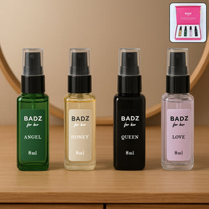 Mini perfume spray set with four 8ml bottles: Angel, Honey, Queen, and Love in stylish packaging