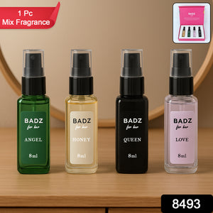 Mini perfume spray set featuring four 8ml fragrances: Angel, Honey, Queen, and Love in stylish bottles