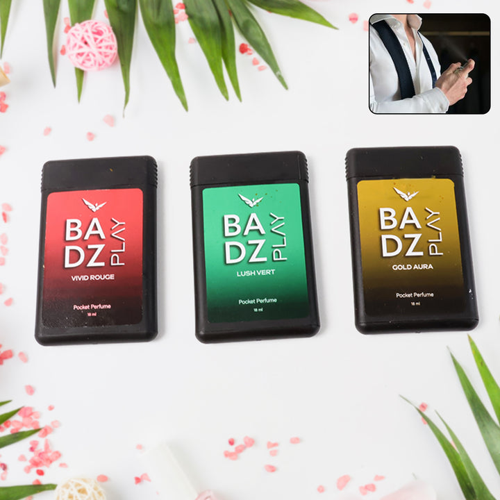 Set of three BA DZ Play mini pocket perfume bottles in Vivid Rogue, Lush Vert, and Gold Aura