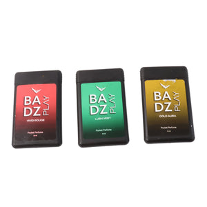Set of three mini pocket perfumes by Badz Play in Vivid Rouge, Lush Vert, and Gold Aura scents