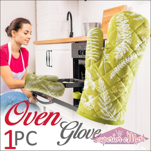 Green heat proof oven glove with decorative fern patterns for safe cooking and baking