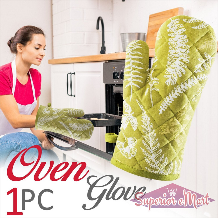Green heat proof oven glove with decorative fern patterns for safe cooking and baking