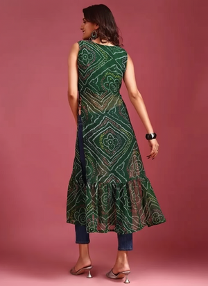 Elegant Bandhani kurti for Navratri featuring a flared design and intricate patterns in green