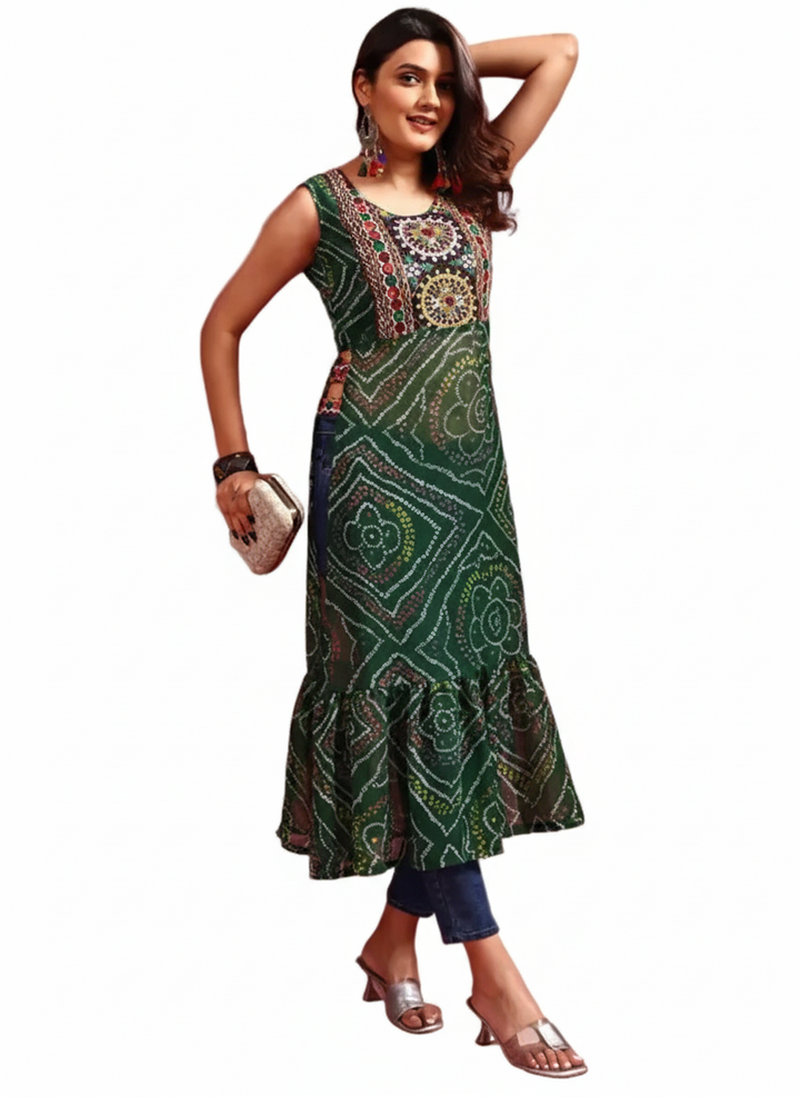 Elegant Bandhani kurti for Navratri in green with intricate patterns and a flared hemline