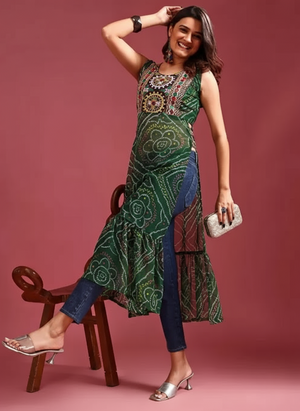 Stylish green Bandhani kurti for Navratri with embroidered neckline and flared hemline