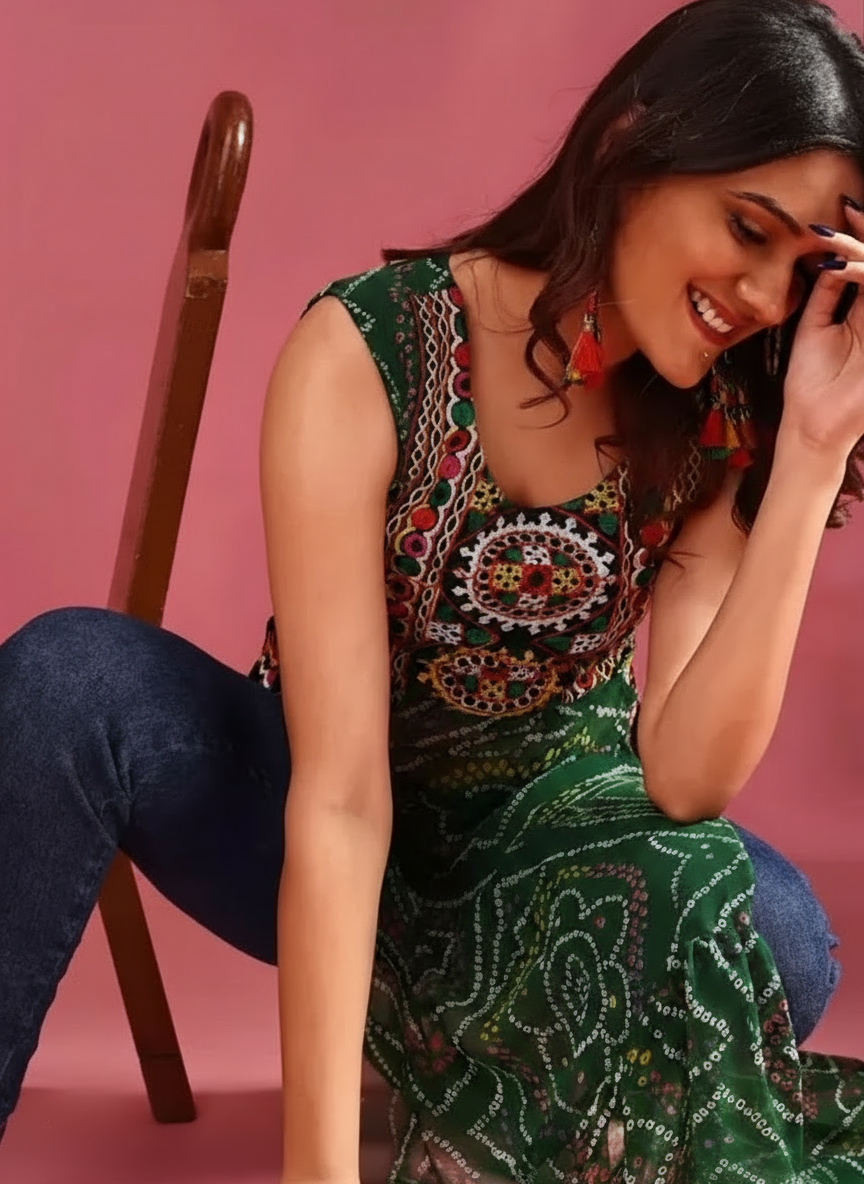 Stylish green Bandhani kurti for Navratri with colorful patterns, perfect for festive celebrations