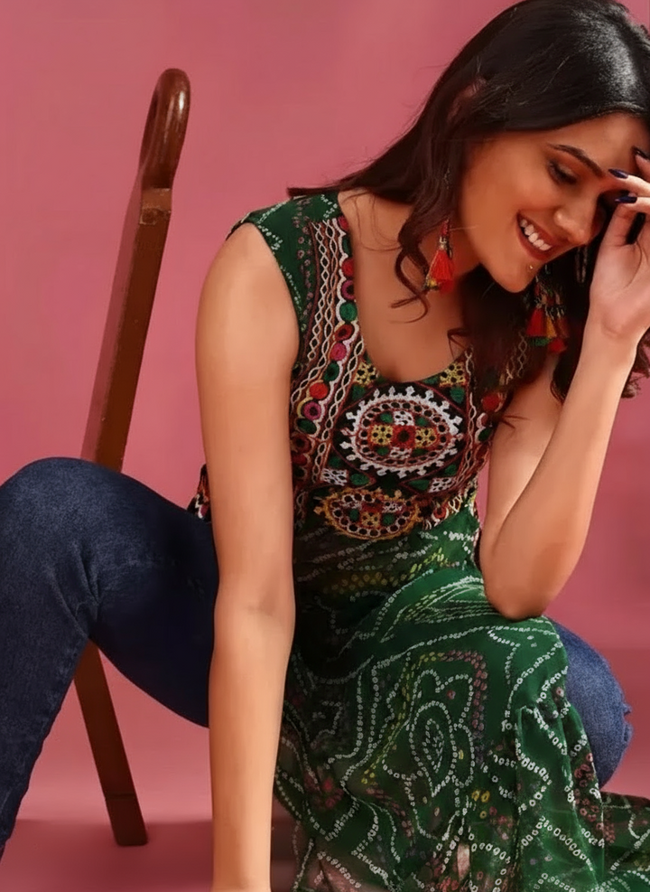 Stylish green Bandhani kurti for Navratri with colorful patterns, perfect for festive celebrations