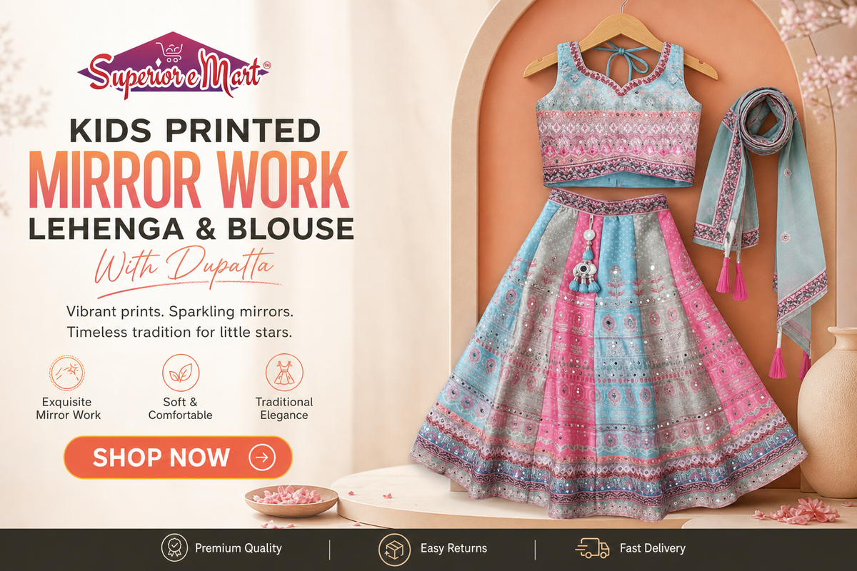 Enchant Your Little One with Our KIDS Printed Mirror Work Lehenga Set - Superior eMart