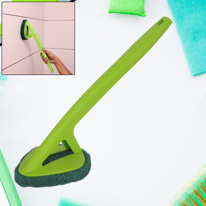 Ergonomic green bathroom cleaning brush with long handle for effortless scrubbing and cleaning corners