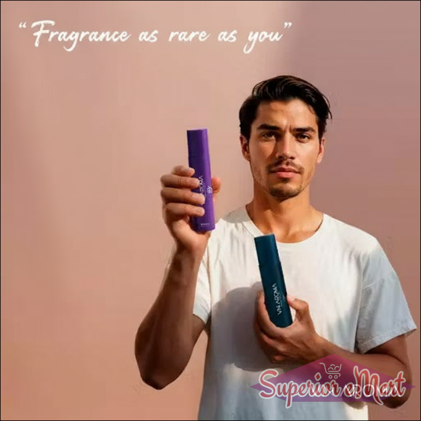 Model showcasing unisex long-lasting body spray from Superior eMart with vibrant packaging