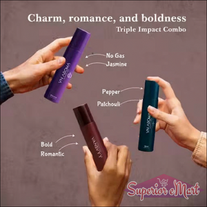 Beat Love Passion body spray set in three vibrant bottles promoting charm, romance, and boldness