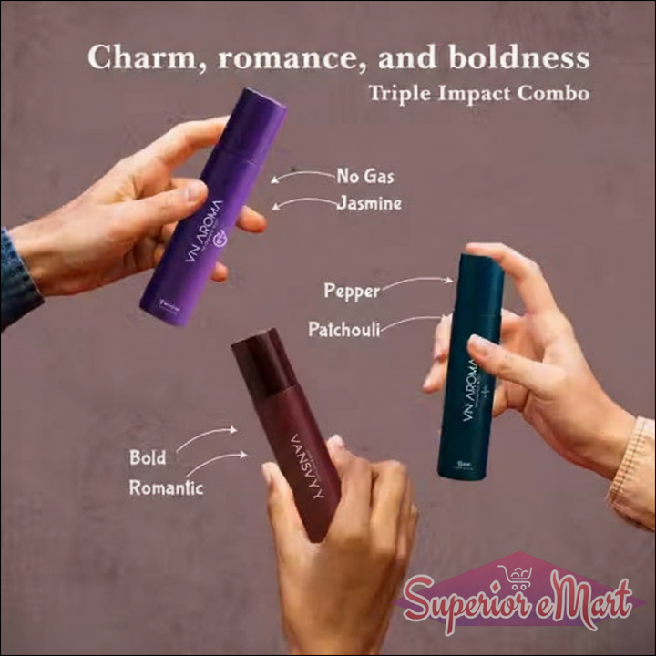 Beat Love Passion body spray set in three vibrant bottles promoting charm, romance, and boldness