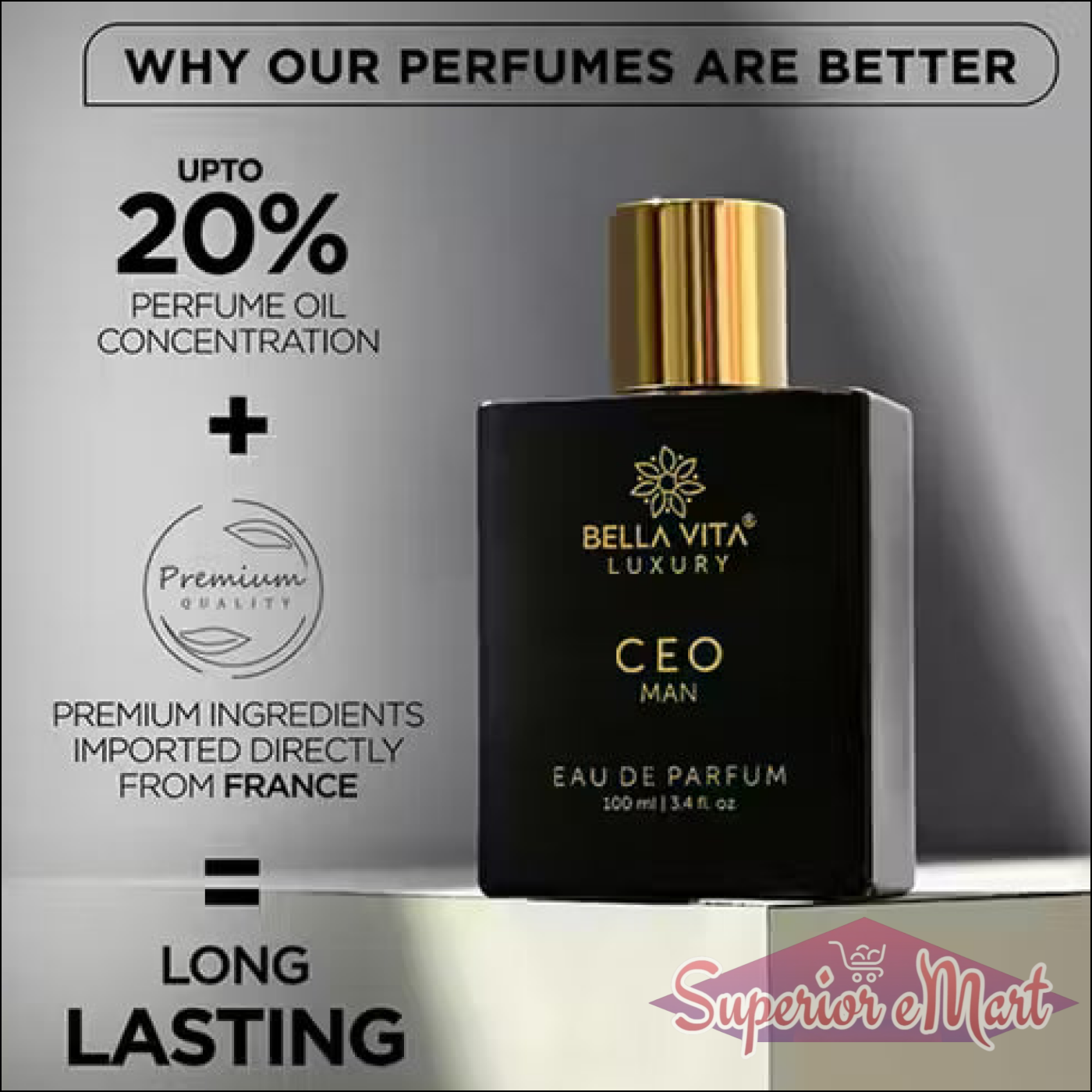 Bella Vita Luxury CEO Man: Black bottle with gold cap. Graphic notes 20% oil concentration and long-lasting scent.