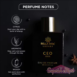 Bella Vita Luxury CEO Man black perfume bottle with silver cap. Scent notes: Citrus, Aromatic, and Woody.
