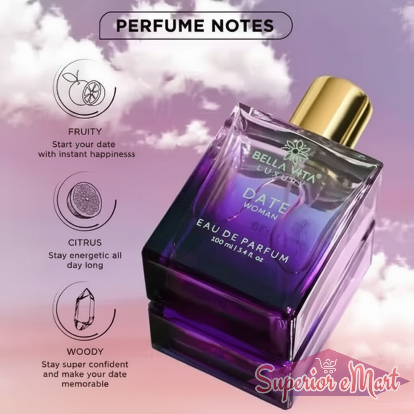 Bella Vita Date Woman Eau De Parfum in purple glass bottle with gold cap. Fragrance notes: Fruity, Citrus, Woody.