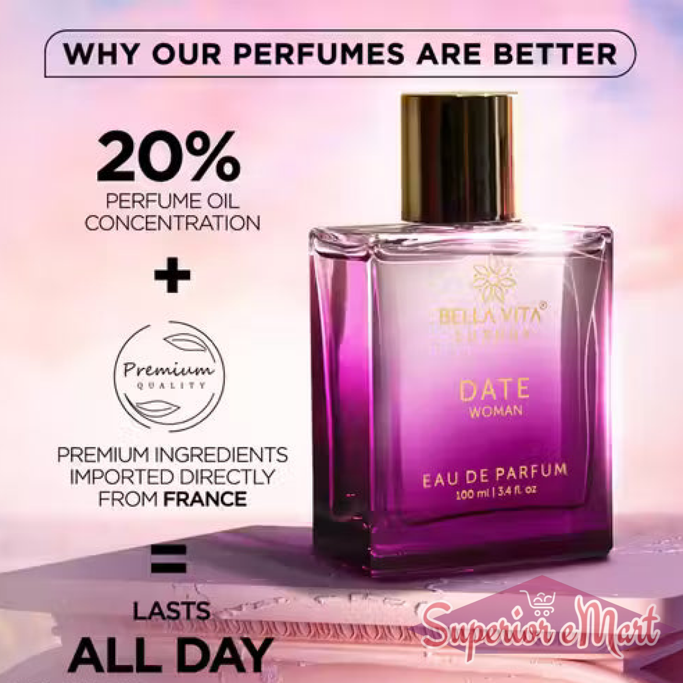 Purple glass Bella Vita Date Woman perfume bottle. Features 20% oil and French ingredients for all-day wear.