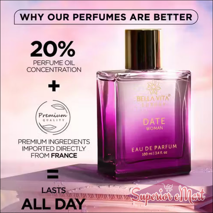 Purple glass Bella Vita Date Woman perfume bottle. Features 20% oil and French ingredients for all-day wear.