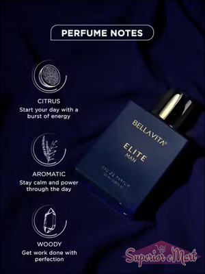Bella Vita Elite Man perfume bottle in blue. Graphic shows Citrus, Aromatic, and Woody scent notes.