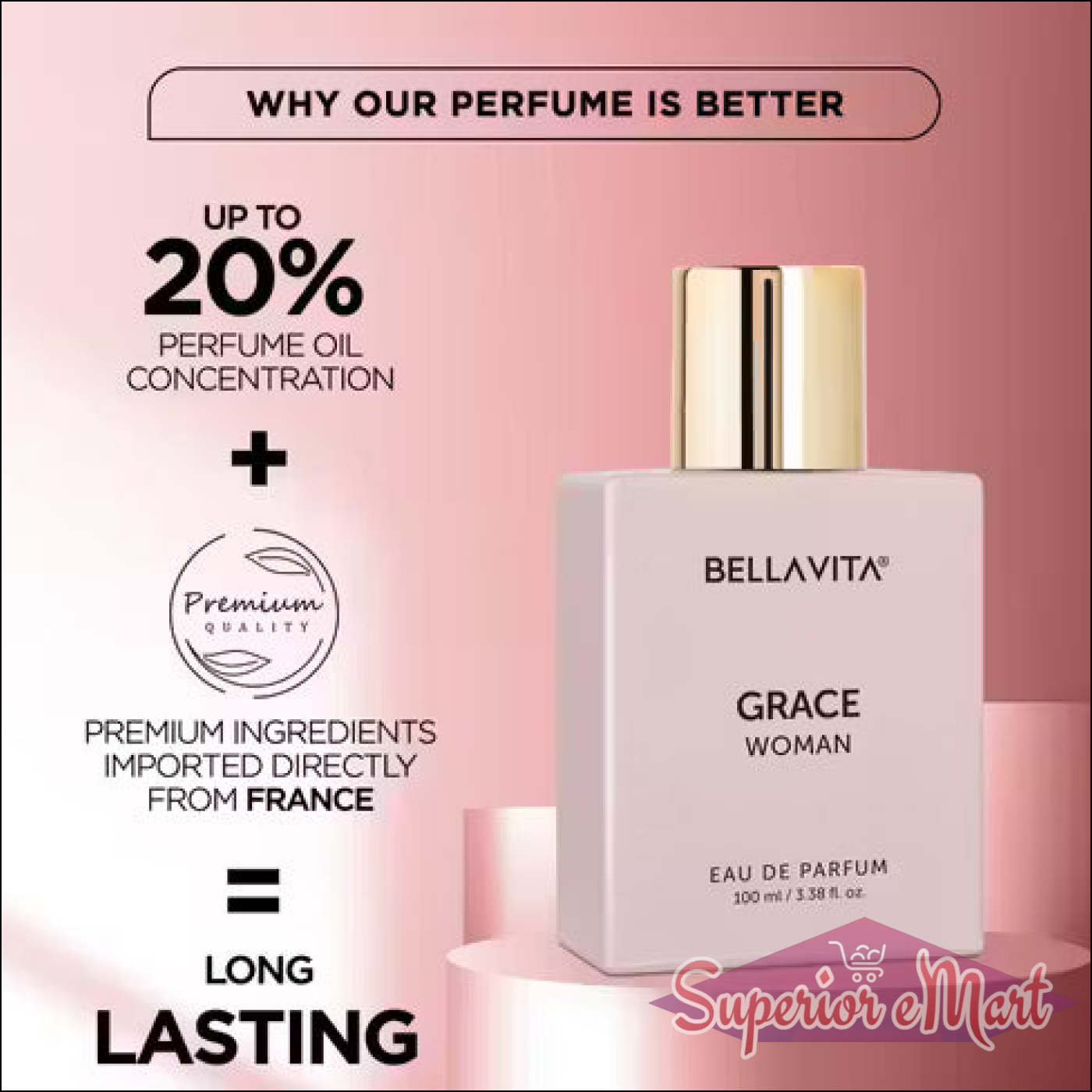 Bellavita Grace Woman matte pink bottle, gold cap. Text highlights 20% oil concentration and long-lasting scent.