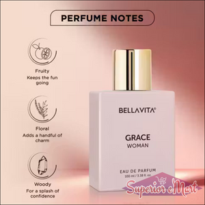 Bella Vita Grace Woman pink bottle with gold cap. Infographic lists Fruity, Floral, and Woody perfume notes.