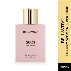 BELLAVITA Grace Woman 100ml Eau De Parfum in a matte pink rectangular bottle with a metallic gold cap.