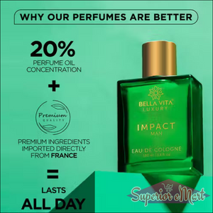 Green glass Bella Vita Impact Man cologne with gold cap. Text highlights 20% oil and ingredients from France.