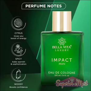 Bella Vita Luxury Impact Man cologne in a green glass bottle with gold cap. Icons show citrus, spicy, and woody notes.