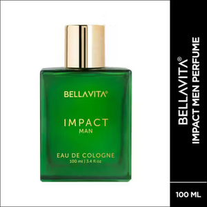 Bellavita Impact Man 100ml Eau De Cologne in a square green glass bottle with a gold cylindrical cap.