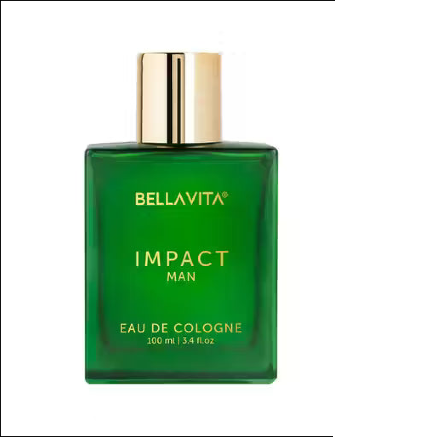 Green Bellavita cologne bottle with gold cap on a white background