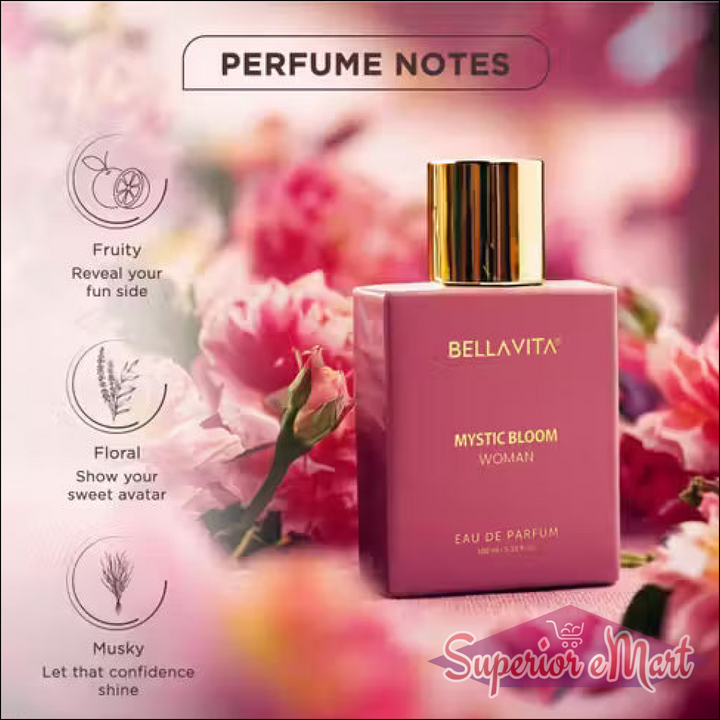 Pink Bella Vita Mystic Bloom perfume bottle with gold cap. Scent notes: Fruity, Floral, and Musky.