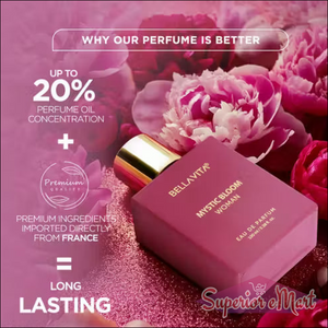 BellaVita Mystic Bloom mauve perfume bottle with gold cap. Text: 20% perfume oil, French ingredients, long-lasting.