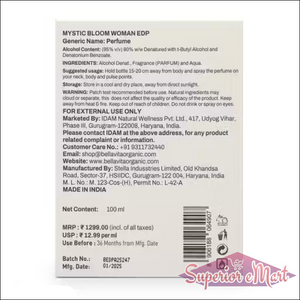 Back of Mystic Bloom Woman EDP box. White packaging with black text listing ingredients, usage, price, and barcode.
