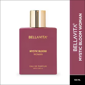 Bellavita Mystic Bloom Woman 100ml Eau de Parfum in a matte berry rectangular bottle with a gold cap.