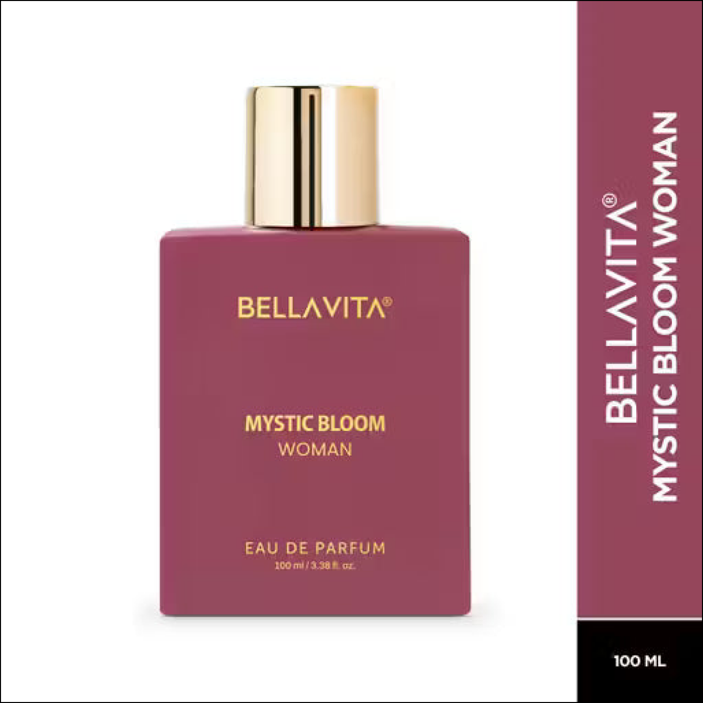 Bellavita Mystic Bloom Woman 100ml Eau de Parfum in a matte berry rectangular bottle with a gold cap.