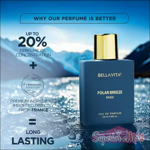 Bella Vita Polar Breeze Man: Blue bottle with gold cap on ice. 20% oil concentration and French ingredients.