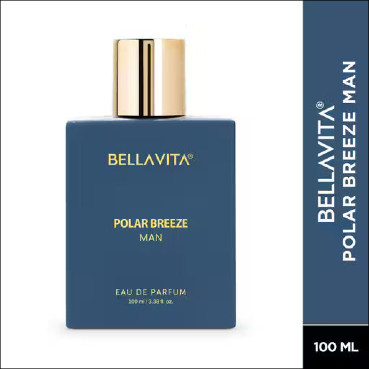 100ml Bellavita Polar Breeze Man perfume in a matte blue rectangular bottle with a metallic gold cap and gold text.