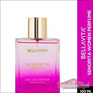 Bellavita Senorita Woman 100ml perfume: Pink gradient glass bottle with a gold cap and lettering.