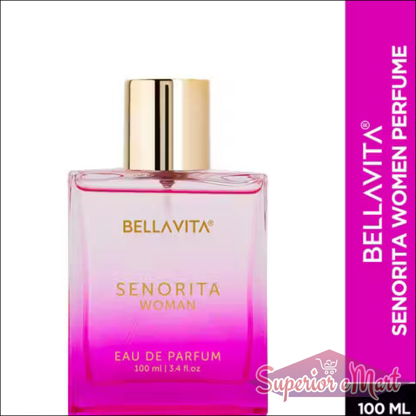 Bellavita Senorita Woman 100ml perfume: Pink gradient glass bottle with a gold cap and lettering.