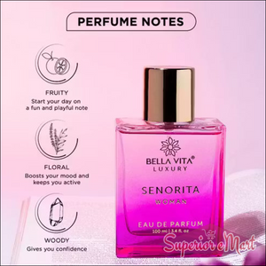 Bella Vita Senorita Woman 100ml pink glass perfume bottle, gold cap. Graphic lists Fruity, Floral, and Woody notes.