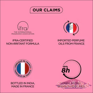 Product claims on pink: IFRA-certified, non-irritant, French perfume oils, made in France, up to 8h long-lasting.