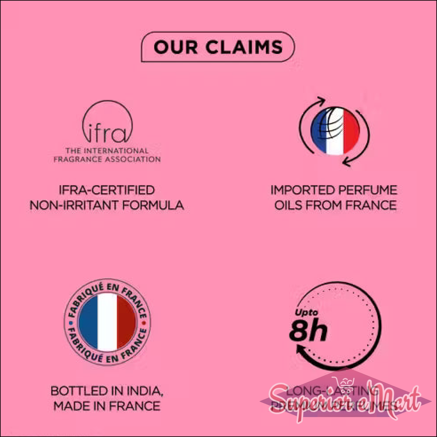 Product claims on pink: IFRA-certified, non-irritant, French perfume oils, made in France, up to 8h long-lasting.