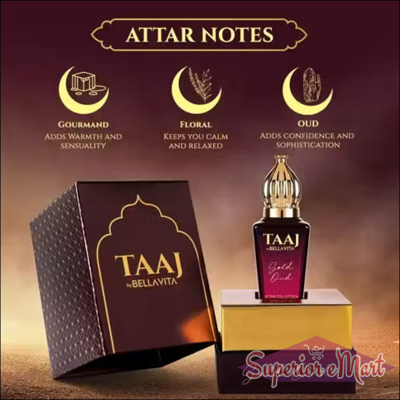 TAAJ Gold Oud perfume by BELLAVITA. Infographic shows Gourmand, Floral, and Oud notes. Maroon and gold packaging.