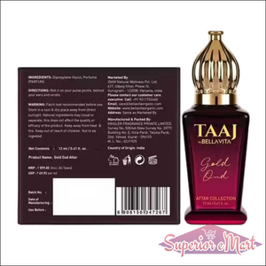 Taaj Gold Oud Attar by Bella Vita: deep red bottle with ornate gold cap next to its dark purple packaging box.