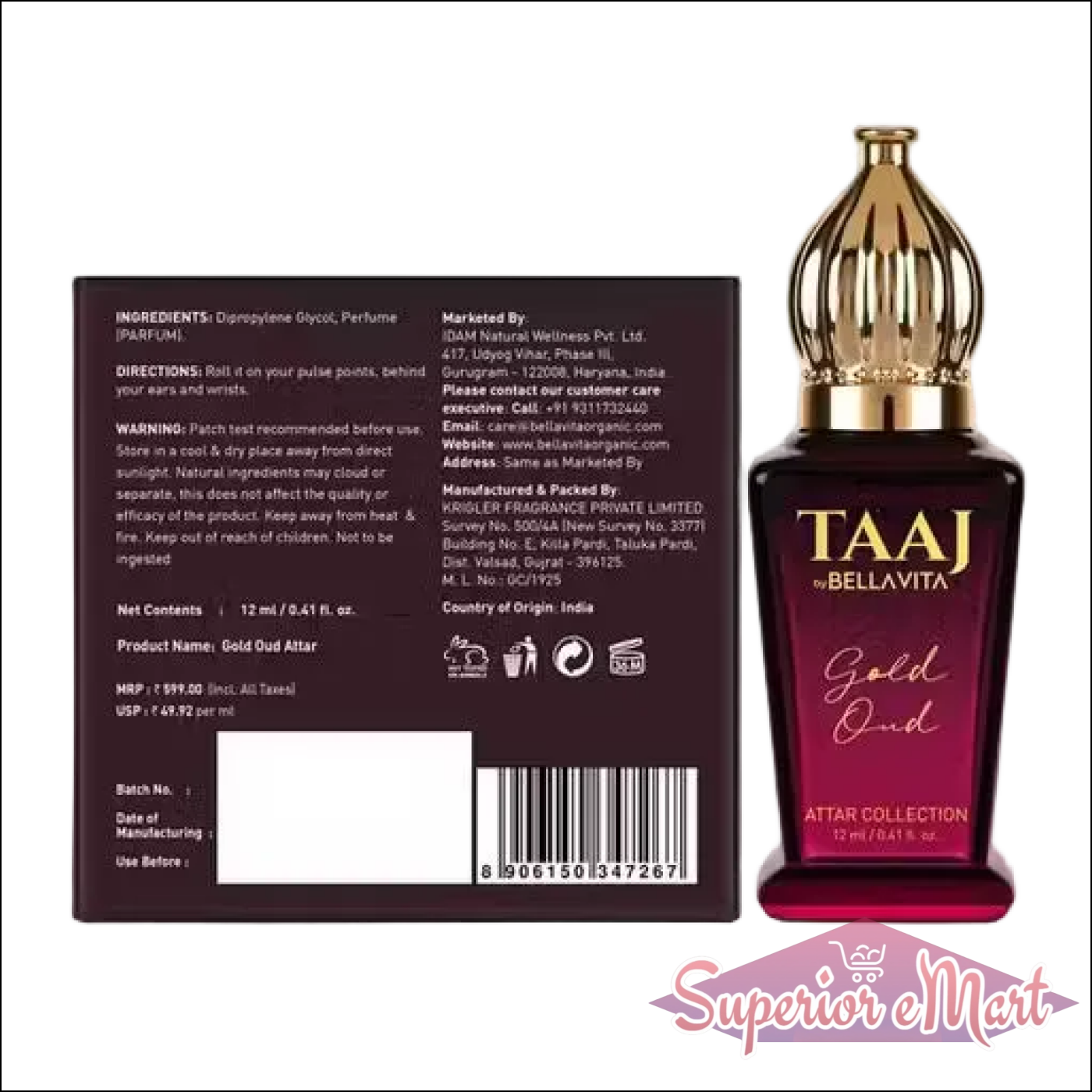 Taaj Gold Oud Attar by Bella Vita: deep red bottle with ornate gold cap next to its dark purple packaging box.