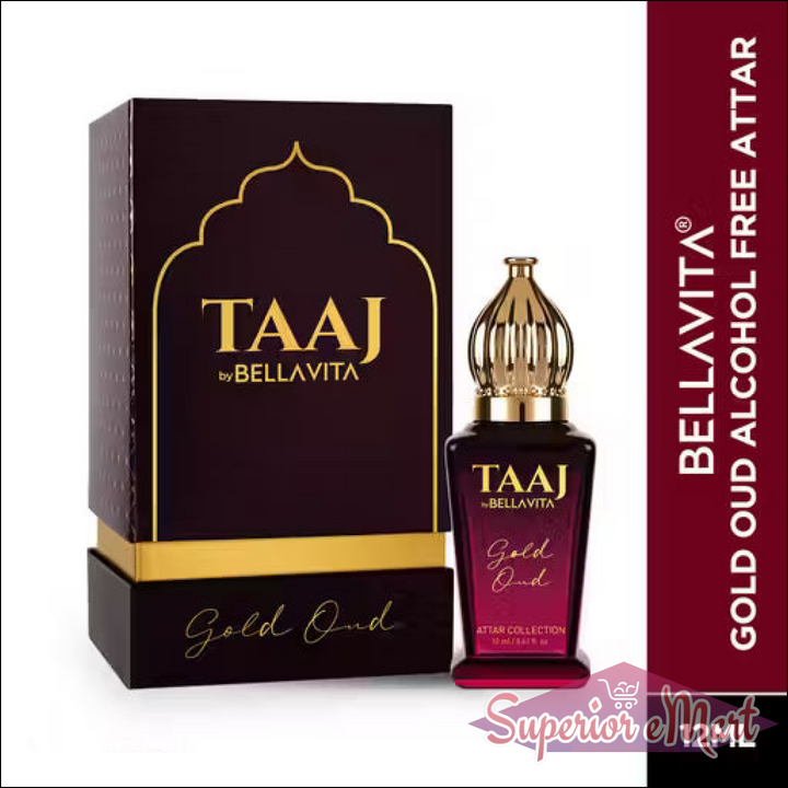 BellaVita Taaj Gold Oud 12ml alcohol-free attar. Maroon bottle with gold cap and matching maroon and gold box.