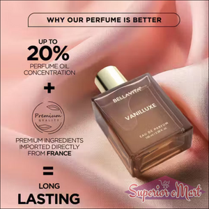 Bellavita Vanilluxe perfume bottle on pink silk. Text highlights 20% oil concentration and premium French ingredients.