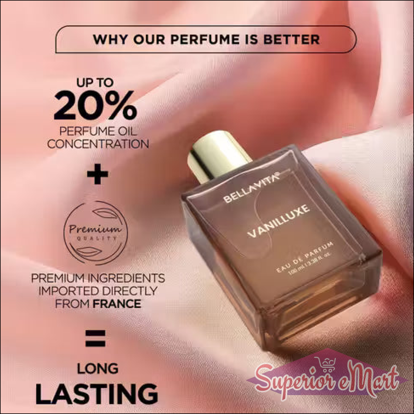 Bellavita Vanilluxe perfume bottle on pink silk. Text highlights 20% oil concentration and premium French ingredients.